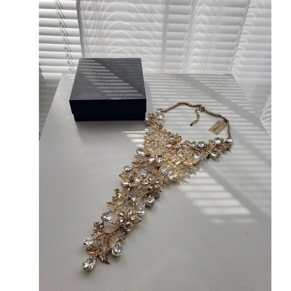 BNWT Statement Necklace Crystal Waterfall Gold Bib necklace, Lead free - Picture 5 of 12